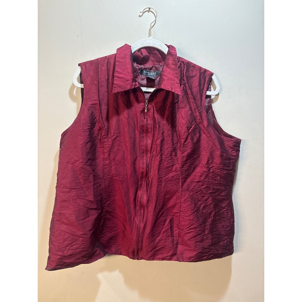 Silkland Woman Burgundy 100% Pure Silk Zip Up Vest Sleeveless Top Plus Size 2X